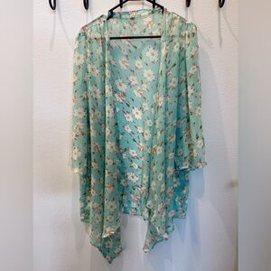 Noir Elegant Mint Green Floral Sheer Kimono